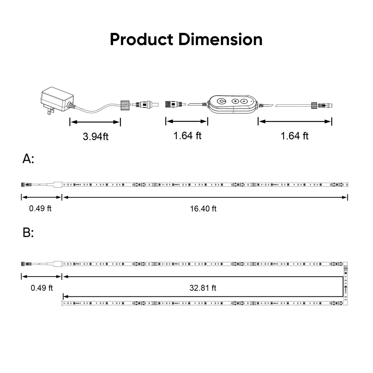 Product dimension diagram showing cable length measurements with labeled sections and ft/ft conversions on a white background.