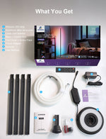 Appvek LED strip light kit with packaging, components, and accessories on a gray background.